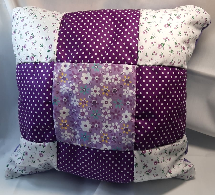 handmade patchwork cushion purple spotted and floral