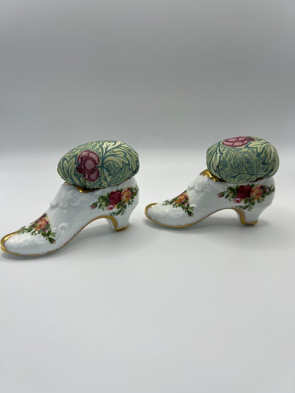 Pair of Vintage Upcycled 'Old Country Roses' Decorative Shoe Pin Cushions