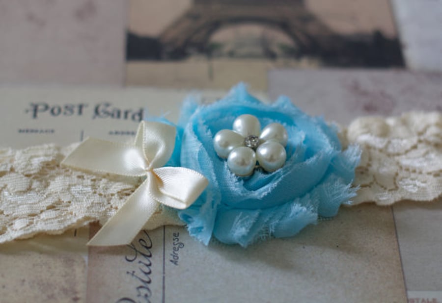 NURIA: Sky Blue Wedding Garter. Pearl Flower Button 