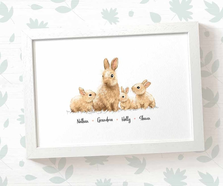 Personalised bunny rabbit family print with names - mothers day or birthday gift