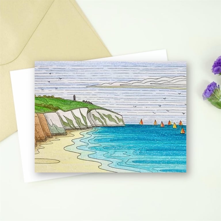 Isle of Wight Art Print Greetings Card, Yaverland and Culver Down