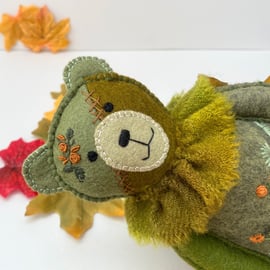 Woodland felt teddy bear, decorated patchwork bear wall hanging