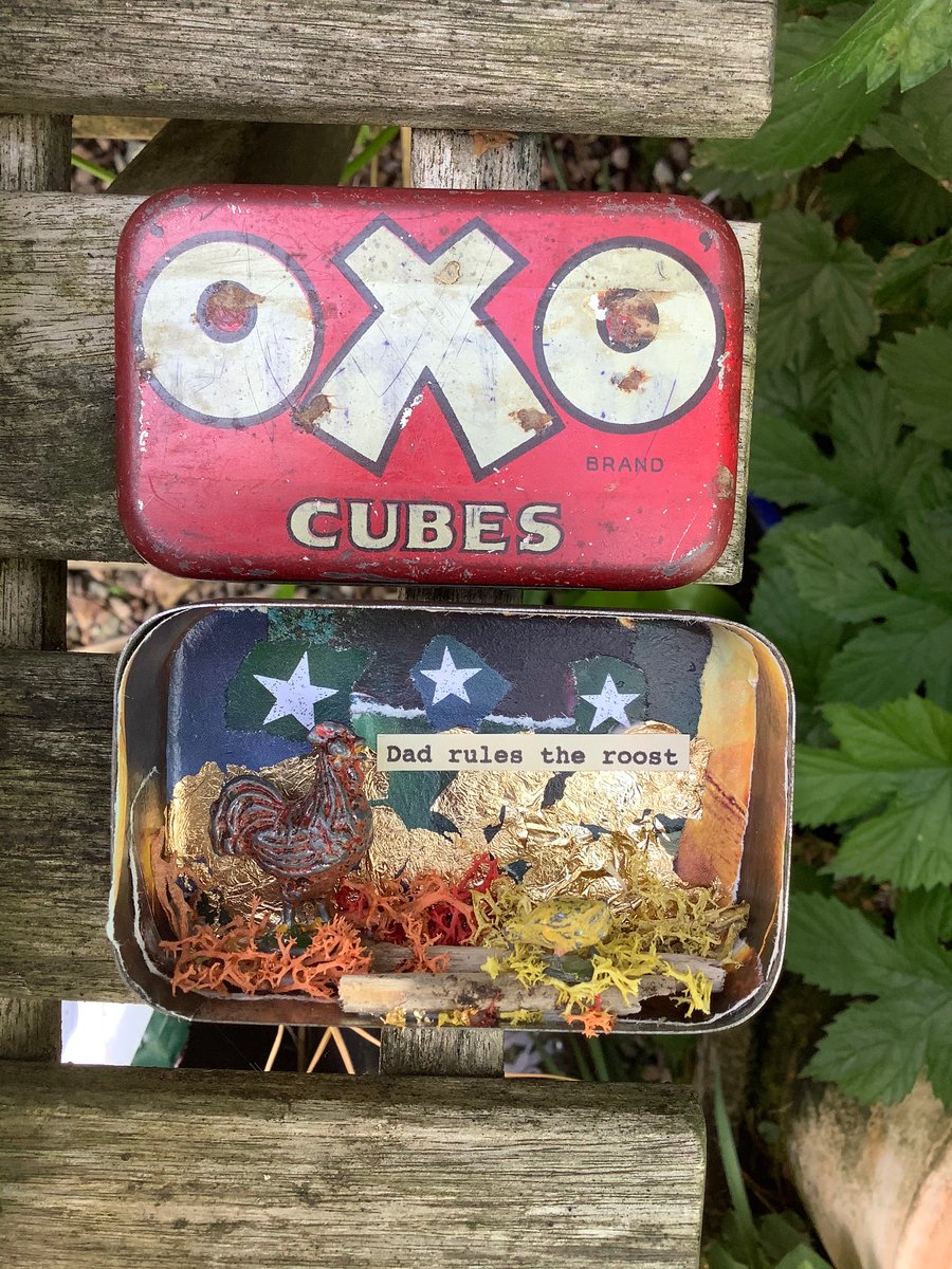 Dad rules the roost. Altered vintage tin. Diorama. Hens. Oxo