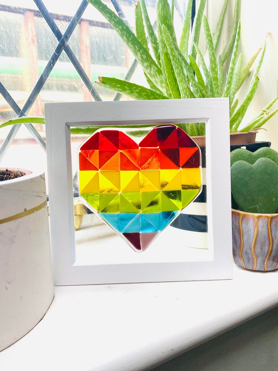 Fused Glass Geometric Rainbow Heart