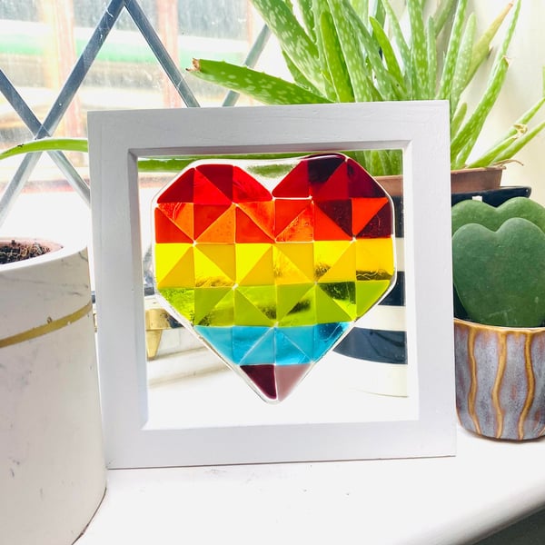 Fused Glass Geometric Rainbow Heart