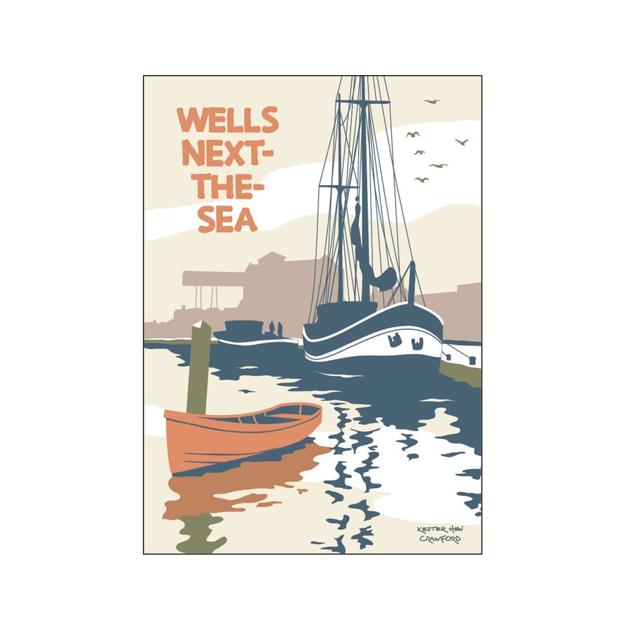 Wells next the Sea, Norfolk A4 Vintage Style Travel Railway Coast and Ship Boat
