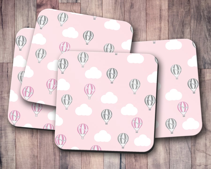 Set of 4 Pink Coasters with a Hot Air Balloon  Design, Drinks Mat