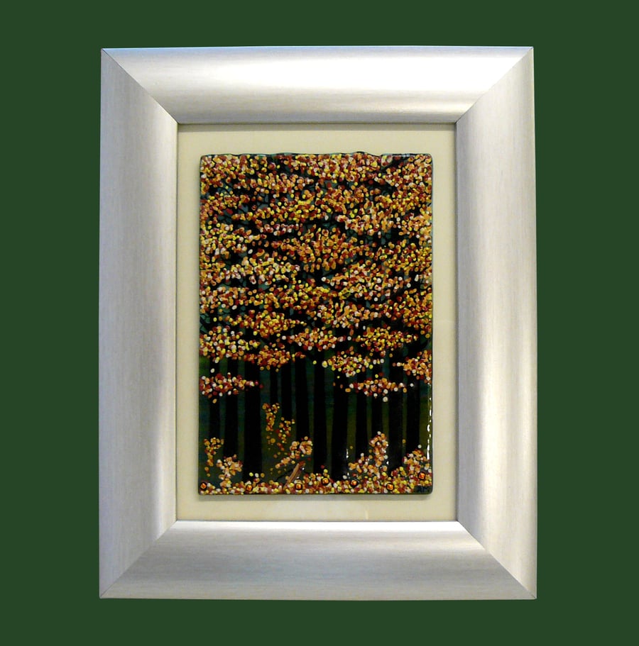 HANDMADE FUSED GLASS 'WISPY AUTUMN  WINTER TREE' PICTURE.