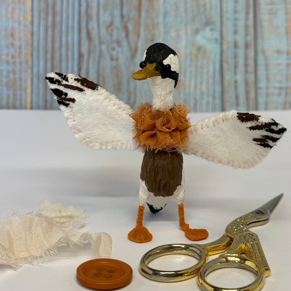 Brown White Indian Runner Duck Spun Cotton Miniature Art Doll