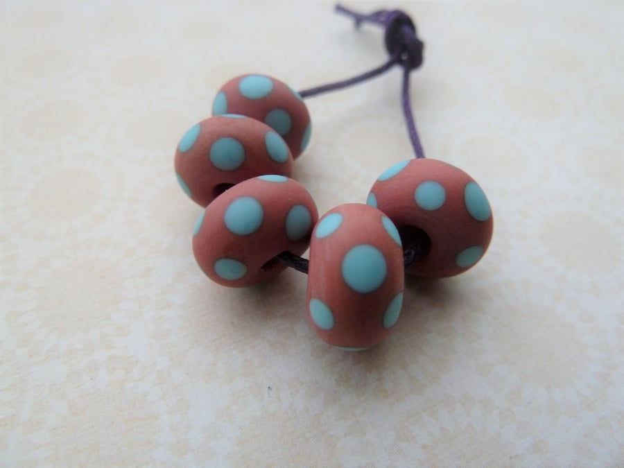 coral and blue spot lampwork glass beads
