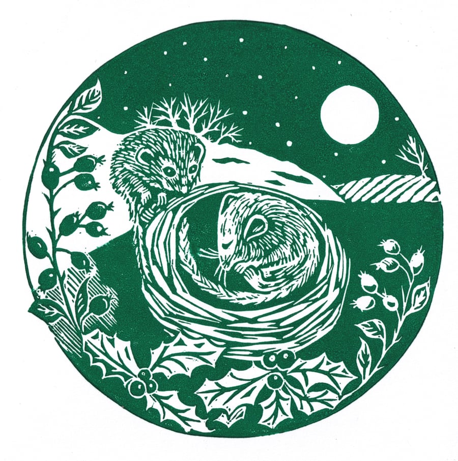 Dormouse Winter Scene - Handprinted Christmas card