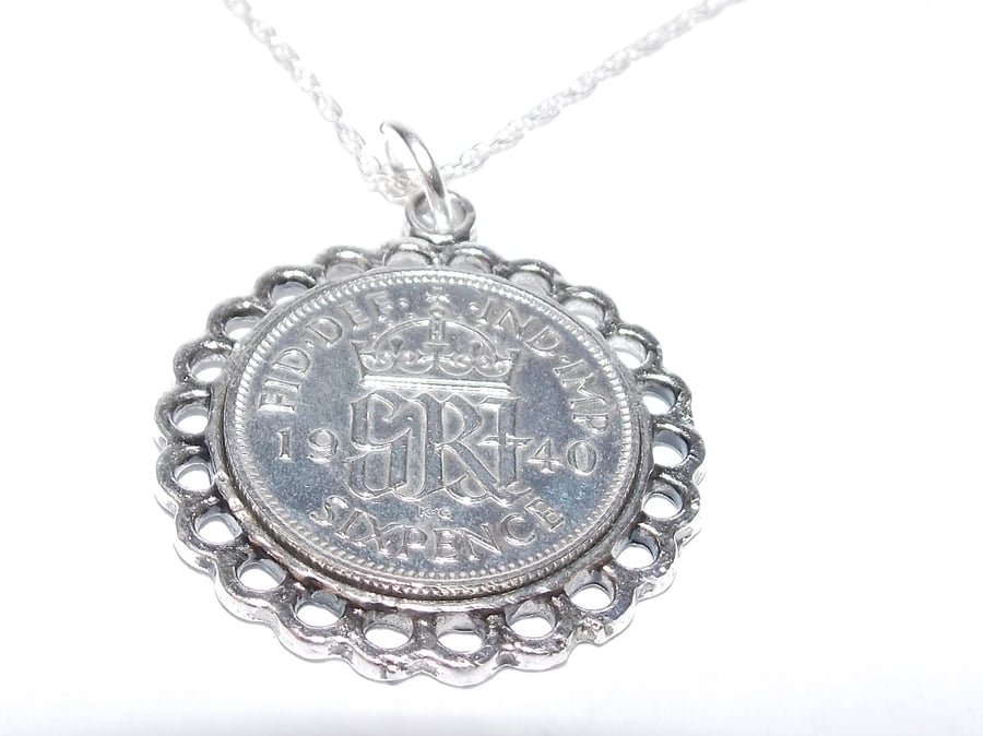 Fancy Pendant 1950 Lucky sixpence 70th Birthday plus a Sterling Silver 24in Chai