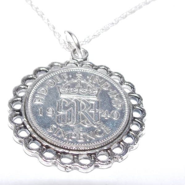 Fancy Pendant 1950 Lucky sixpence 70th Birthday plus a Sterling Silver 24in Chai