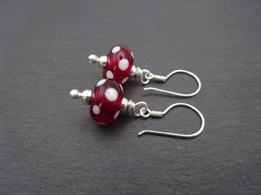 red and white lampwork glass polka dot earrings