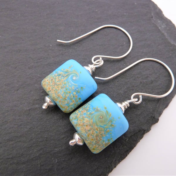 sterling silver earrings, blue lampwork glass beads