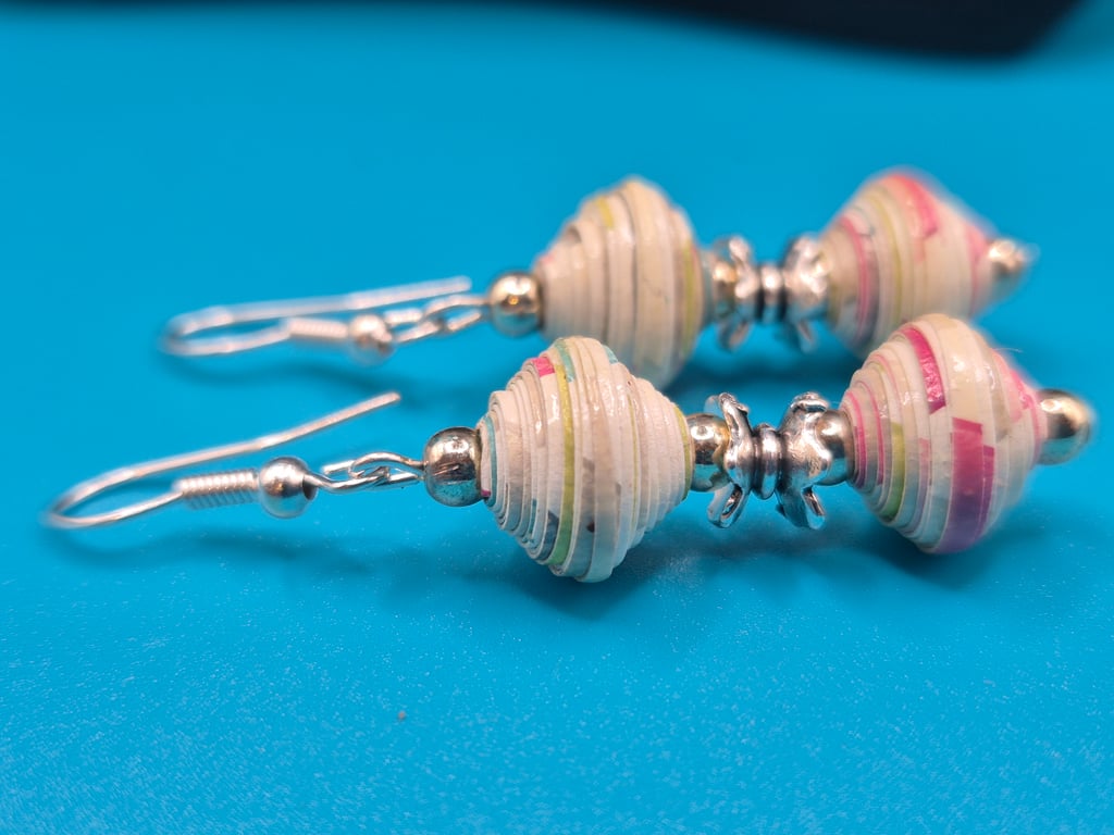 Pastel paper beaded earrings with tibetan silver spacers 