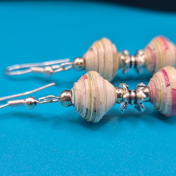 Pastel paper beaded earrings with tibetan silver spacers 