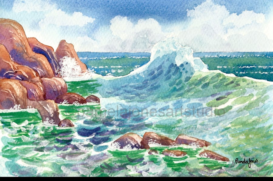 Seascape, Pembrokeshire Coast, Watercolour Print in 20 x 16'' Mount