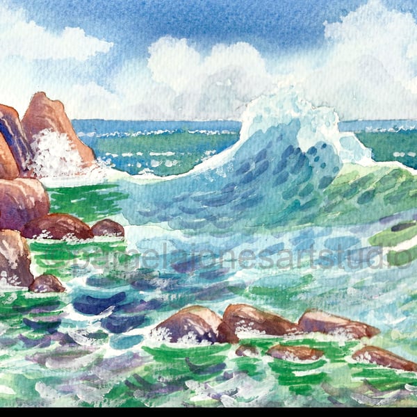 Seascape, Pembrokeshire Coast, Watercolour Print in 20 x 16'' Mount