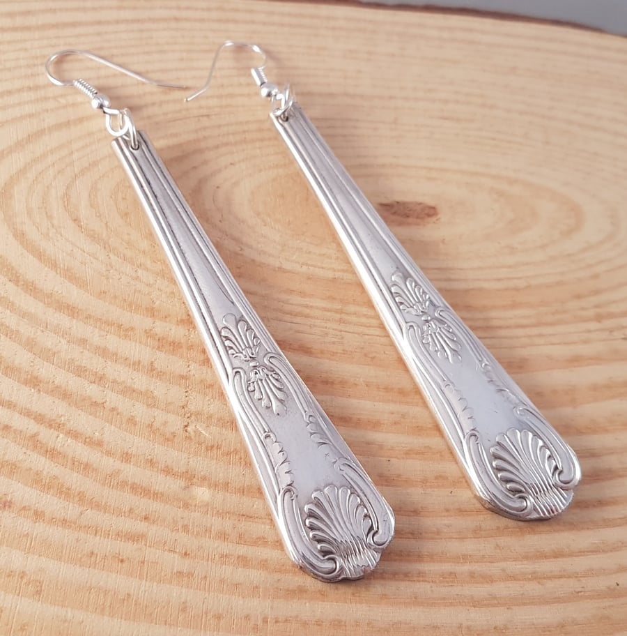 Upcycled Silver Plated Kings Pattern Sugar Tong Handle Dangle Earrings SPE041708