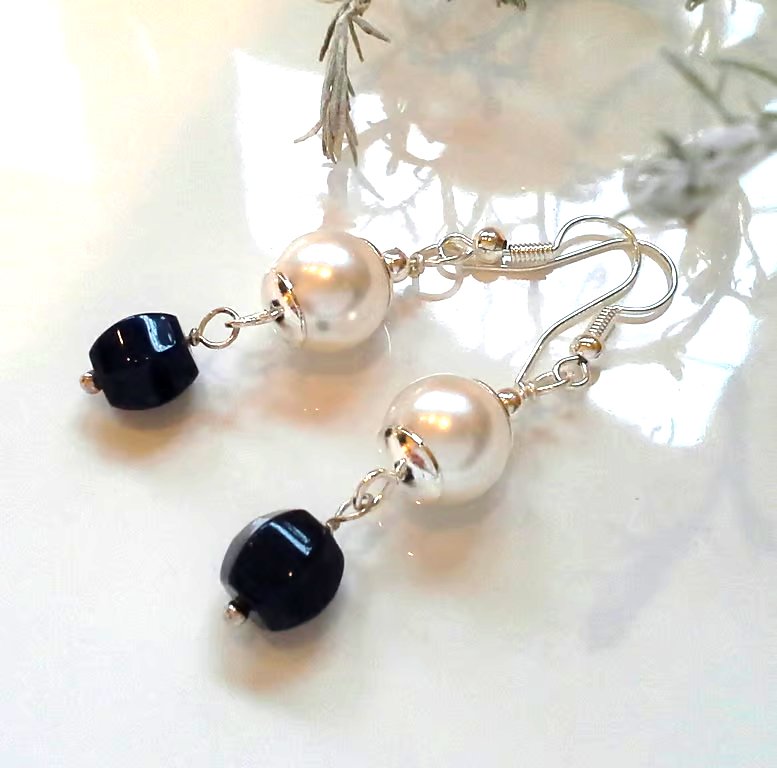 Blue Jade & White Shell Pearl Dangle Earrings