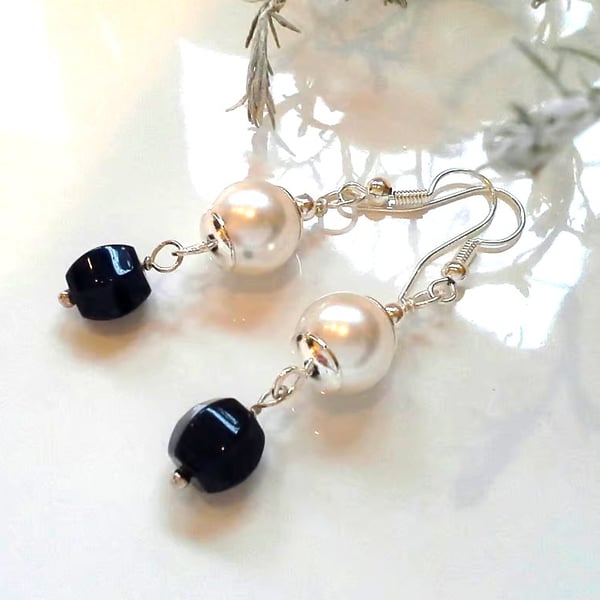 Blue Jade & White Shell Pearl Dangle Earrings
