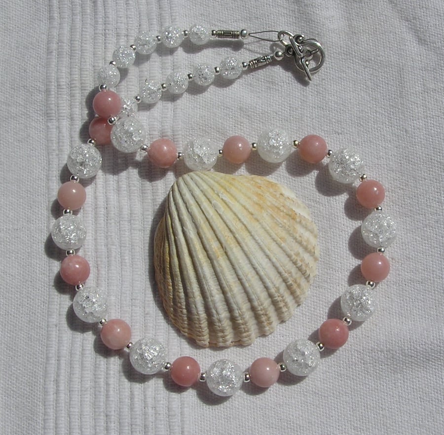 Pink Opal & Clear Quartz Gemstone Statement Necklace "Rose Sparkle"