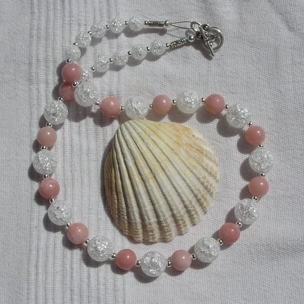Pink Opal & Clear Quartz Gemstone Statement Necklace "Rose Sparkle"