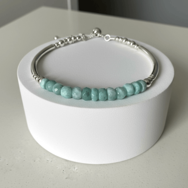 Larimar Sterling Silver Noodle Bracelet with Heart Charm & Slider Clasp
