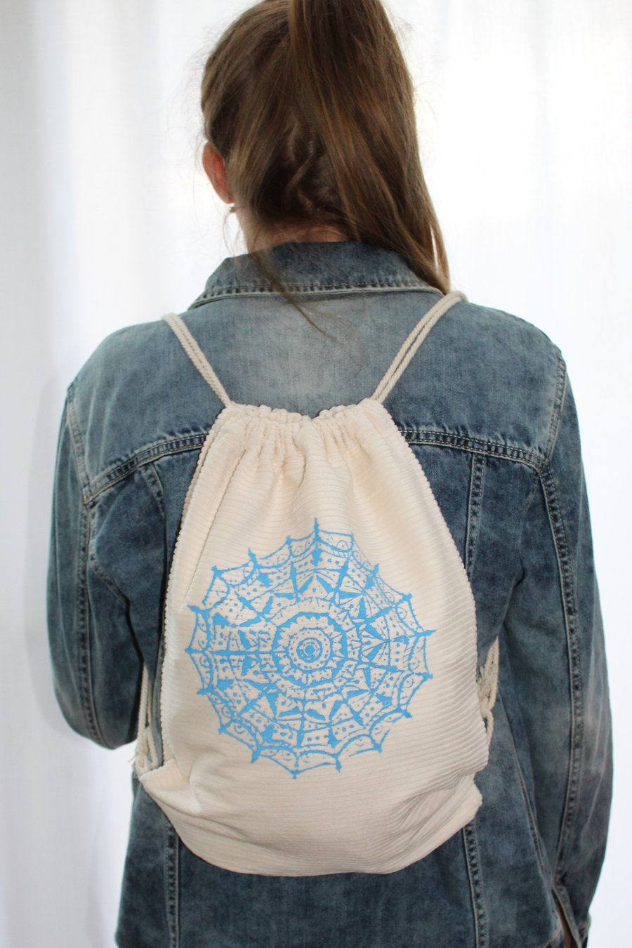 Blue Geometric Mandala print,cream drawstring bag,lightweight backpack,Handmade 