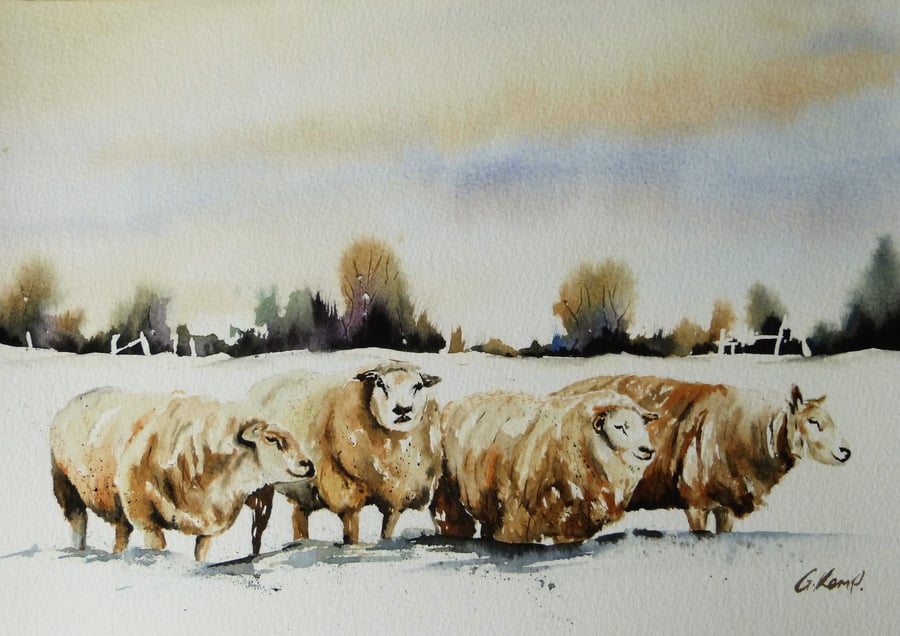 Four Sheep, Original Watercolour Painting.