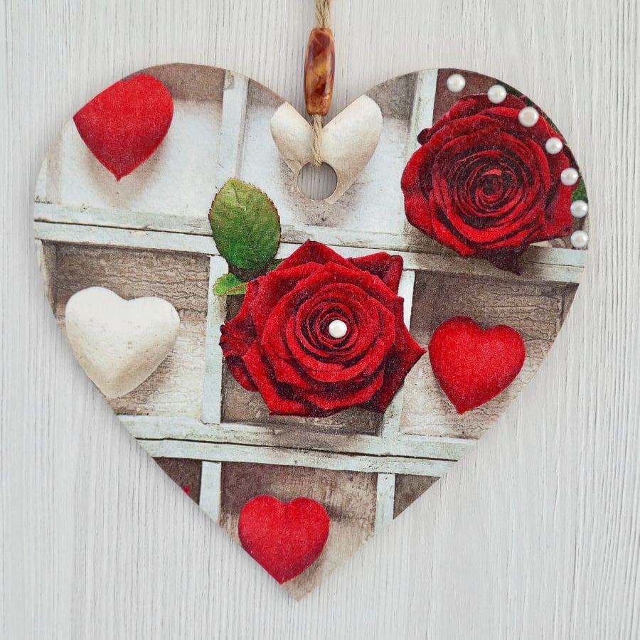 Decoupaged Wooden Hanging Heart: Hearts & Roses design 6” (15cm)