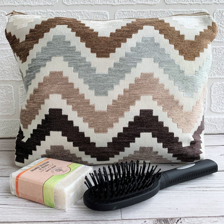 SOLD - Toiletry bag with textured chenille zigzag stripes in neutral shades