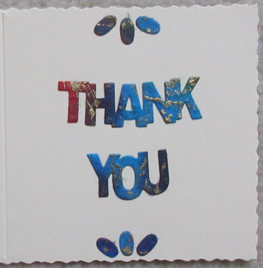 Thank You Greeting Card - words and petals in blues, red and gold