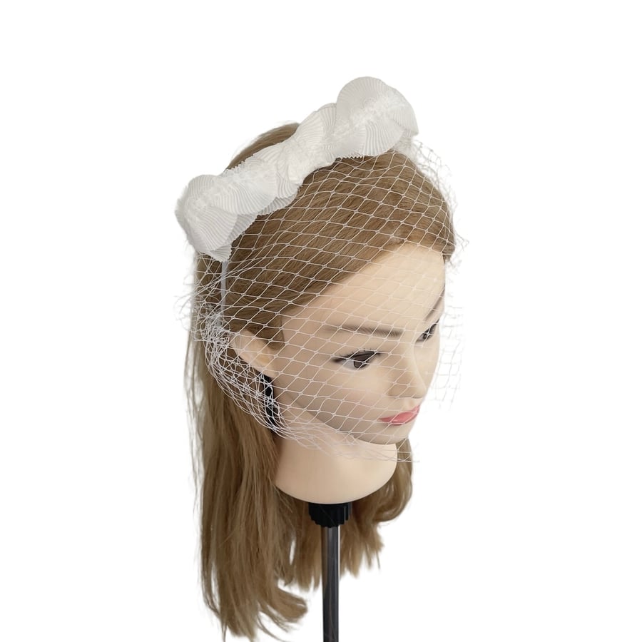 White Birdcage Veil Headband with Bow Bridal Headpiece Handmade Veil Fascinator 