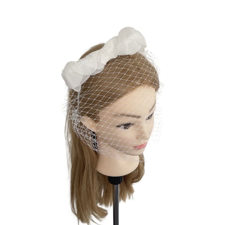 White Birdcage Veil Headband with Bow Bridal Headpiece Handmade Veil Fascinator 