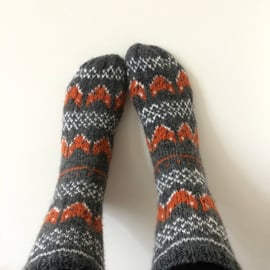 Hand Knit Wool Socks Fox Socks Foxy Grey Orange White Fair Isle