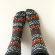 Hand Knit Wool Socks Fox Socks Foxy Grey Orange White Fair Isle