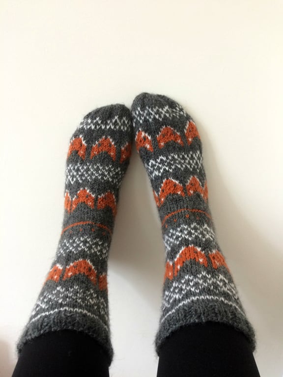 Hand Knit Wool Socks Fox Socks Foxy Grey Orange White Fair Isle