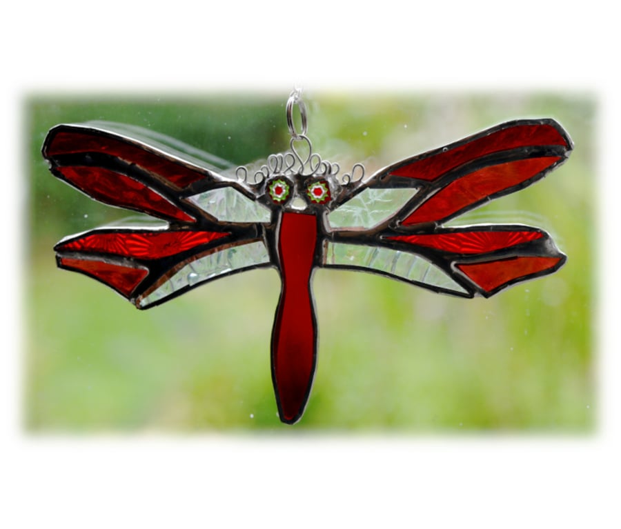 Dragonfly Suncatcher Red Handmade Stained Glass 043