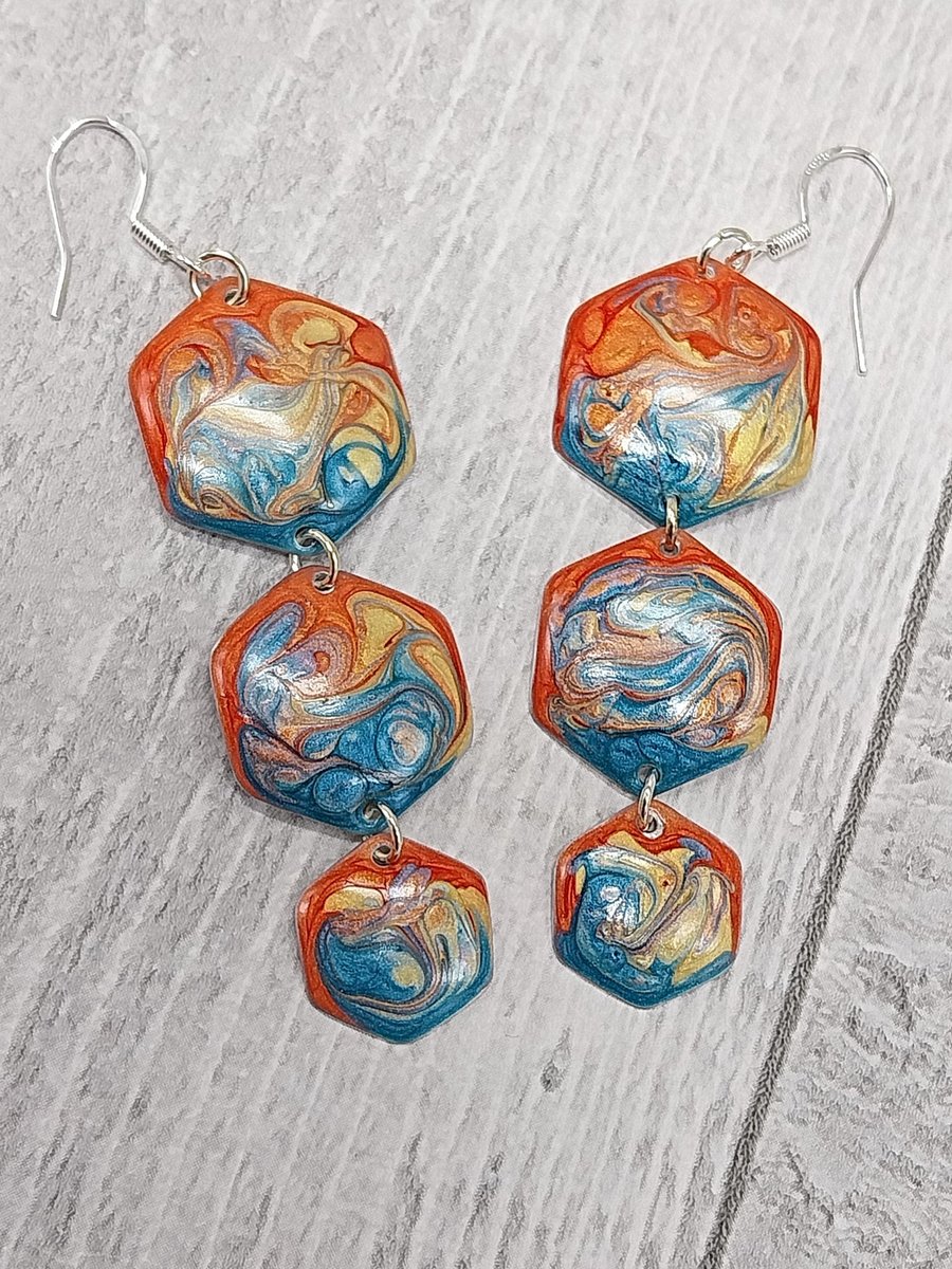Lightweight Aluminium Tin 3-Tiered Hexagon Dangle Earrings, Orange & Blue Tones