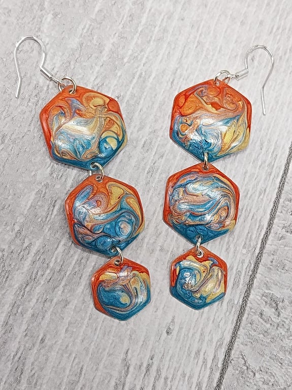 Lightweight Aluminium Tin 3-Tiered Hexagon Dangle Earrings, Orange & Blue Tones
