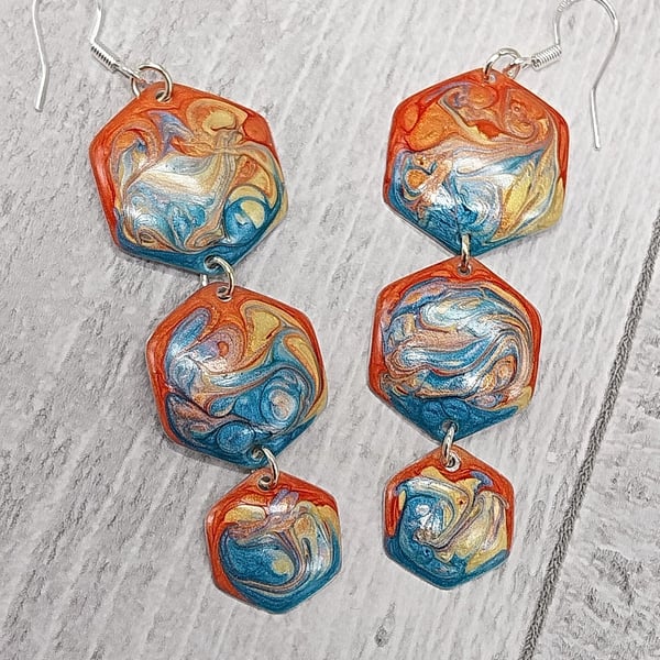 Lightweight Aluminium Tin 3-Tiered Hexagon Dangle Earrings, Orange & Blue Tones