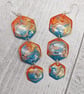 Lightweight Aluminium Tin 3-Tiered Hexagon Dangle Earrings, Orange & Blue Tones