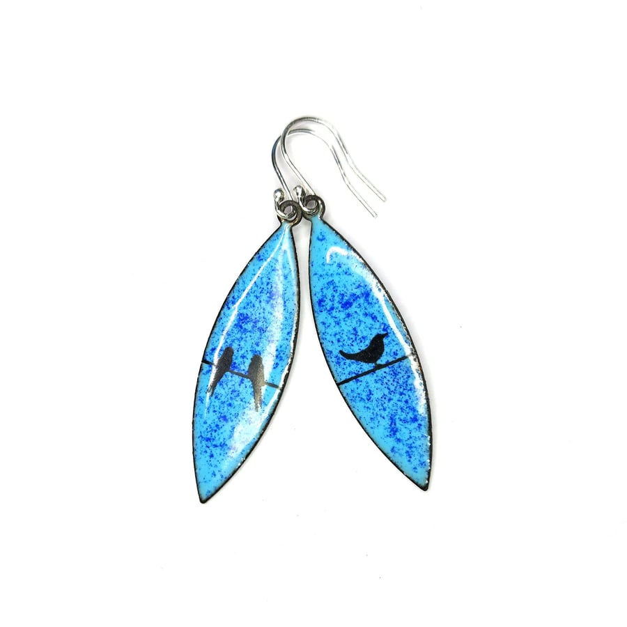 Blue enamel bird drop earrings