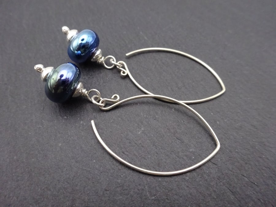 lampwork glass earrings, sterling silver jewellery, silver blue
