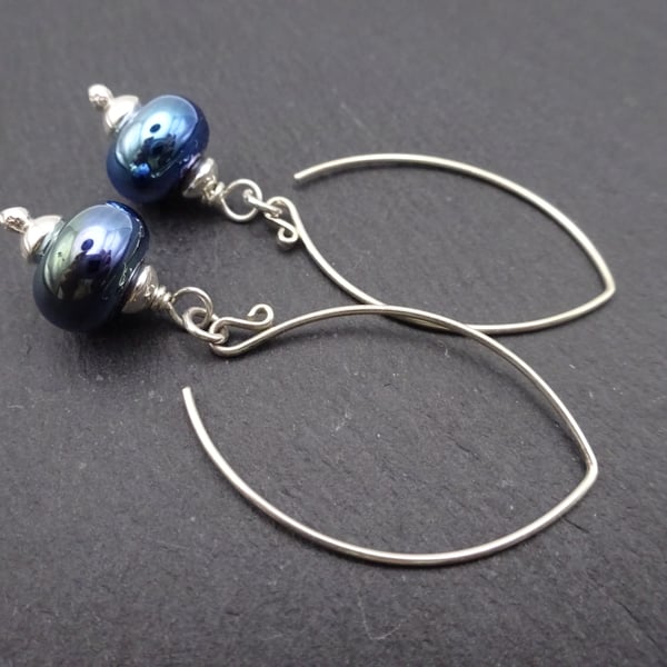 lampwork glass earrings, sterling silver jewellery, silver blue
