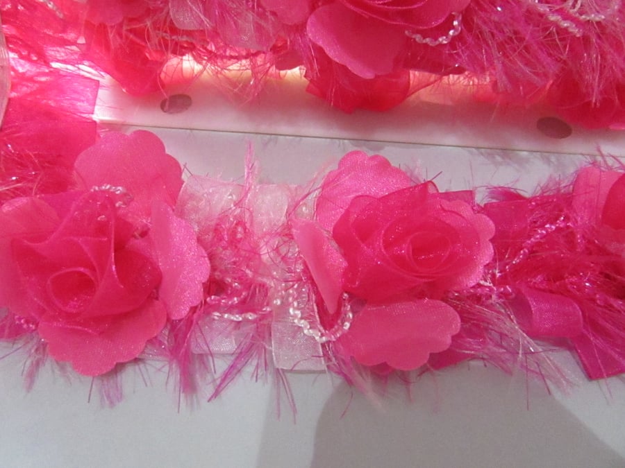 Fushia Organza Rose Elastic Trim