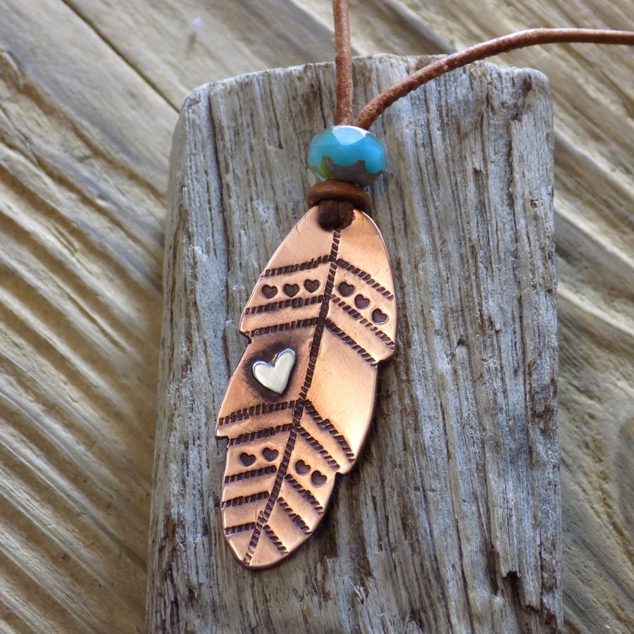 Copper and silver whimsy feather pendant 