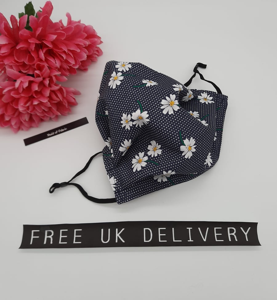 Face mask, large, 3 layer, adjustable, washable in navy daisy polkadot 